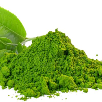 Illustration of green tea powder, a rich source of L-Theanine, with green tea leaves against a white background