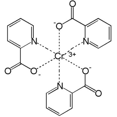 Illustration of Chromium(III) picolinate dietary supplement chemical compound, depicting hexavalent chromium, captured from an angle against a white background