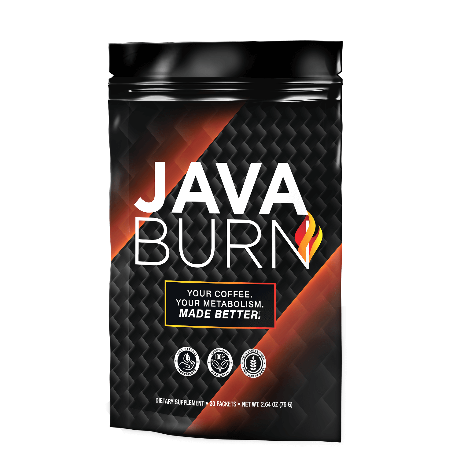 Image showing a single packet of Java Burn, a coffee supplement, featuring its packaging design and branding