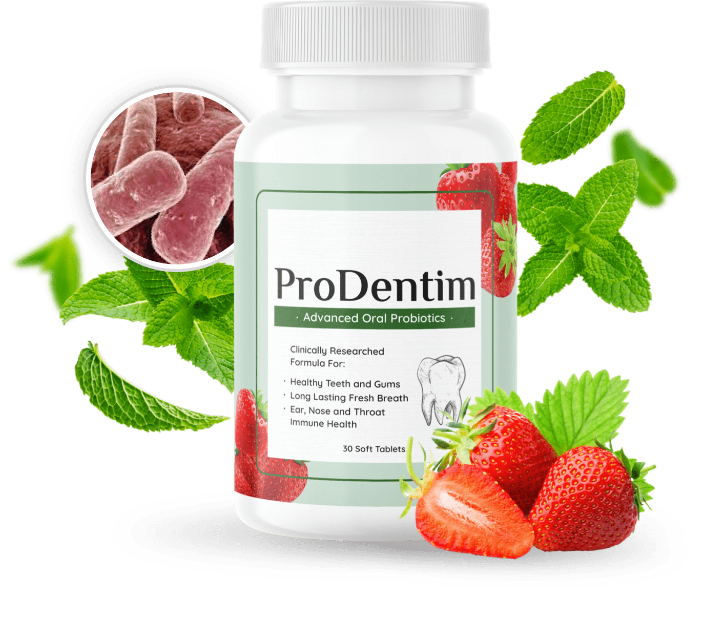 Image of a bottle of ProDentim oral probiotics surrounded by strawberries and mint leaves